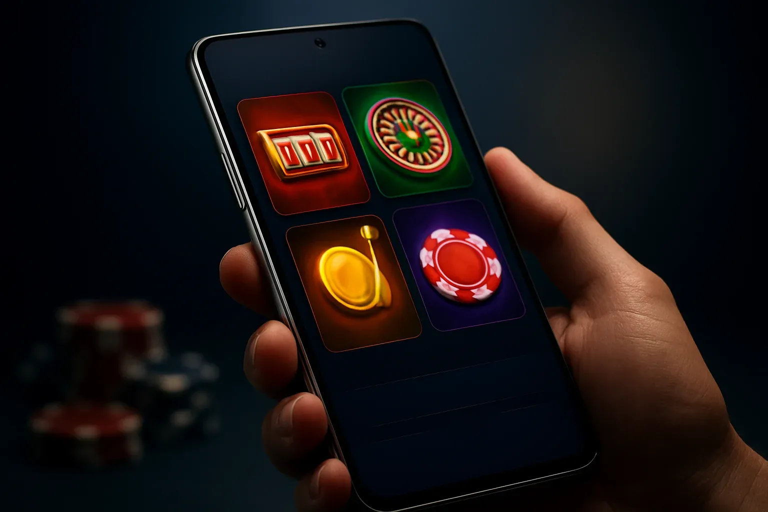 Hyperrealistic Android smartphone showing vivid casino app interface with blurred chips