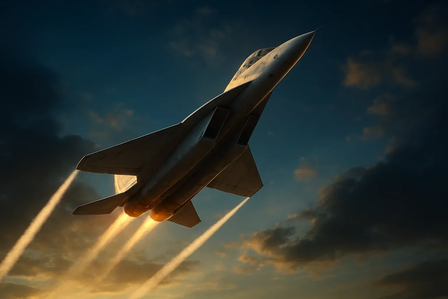 Hyperrealistic white jet climbing steeply in deep blue sky with contrails