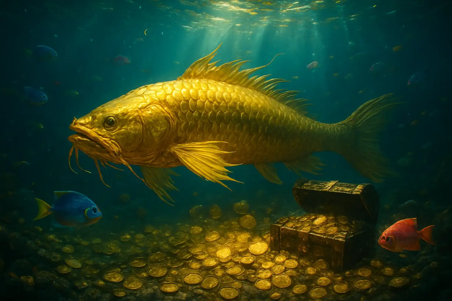 Hyperrealistic underwater golden dragon fish surrounded by glowing coins and treasure