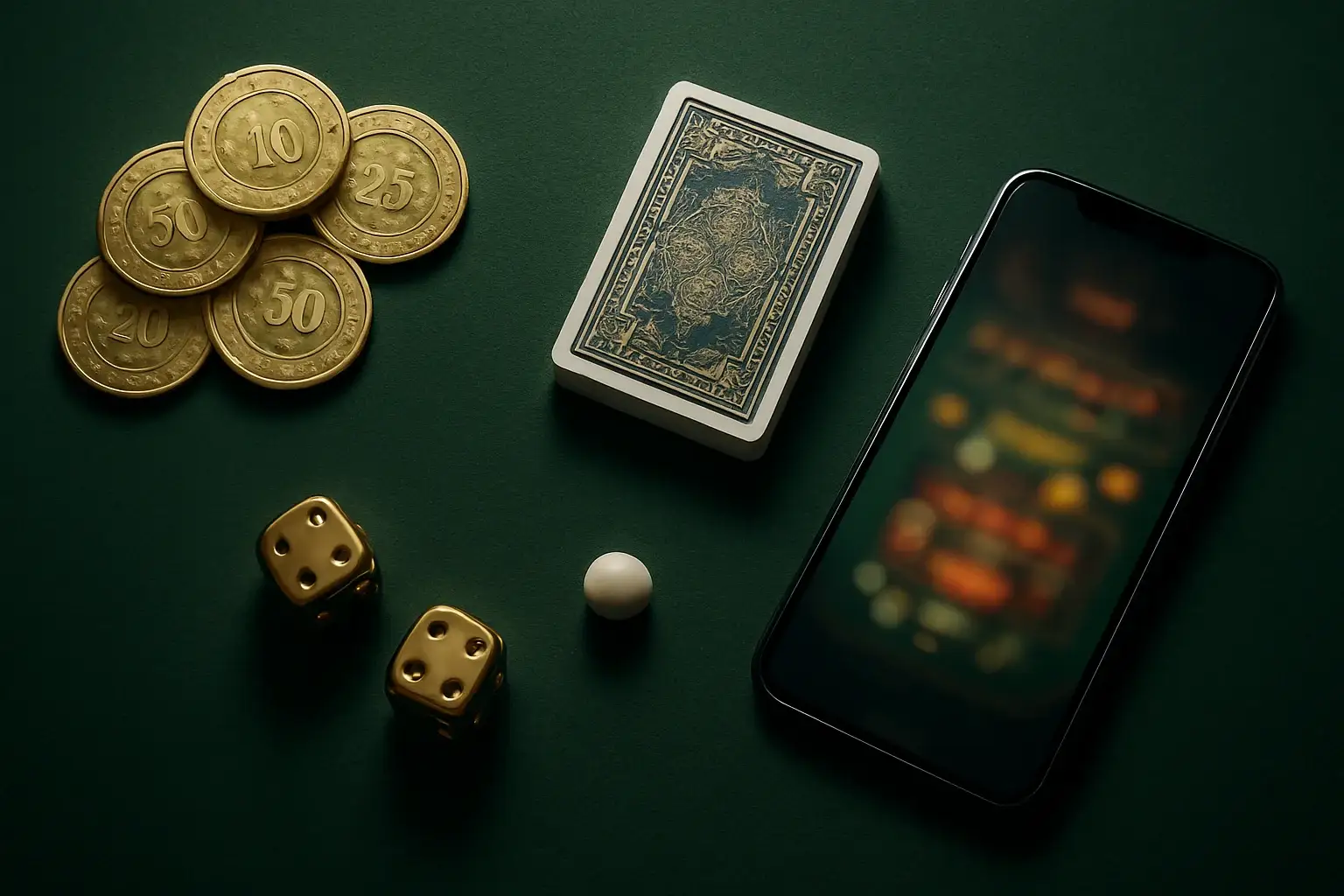 Top-down casino table with golden chips, cards, dice, roulette ball, smartphone