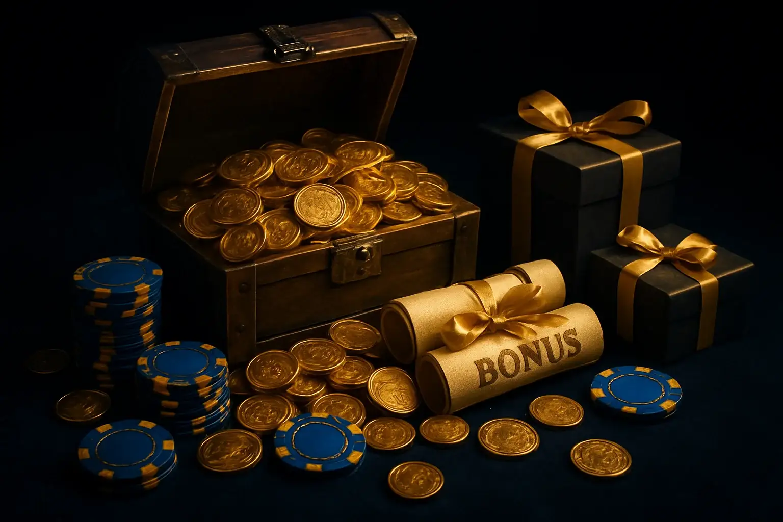 Overflowing treasure chest with gold coins, casino chips, vouchers, and gift boxes