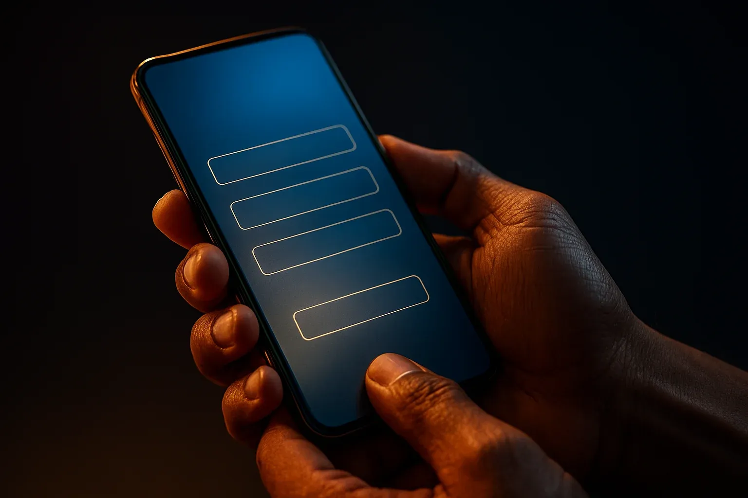Filipino man hands holding smartphone with blurred registration screen, blue gold glow