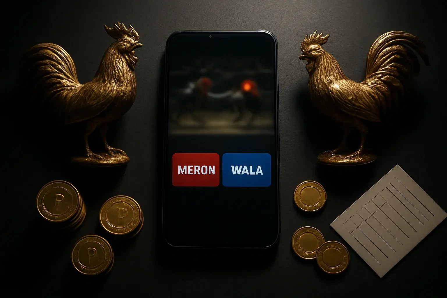 Smartphone sabong betting interface with golden roosters, peso coins, and casino chips