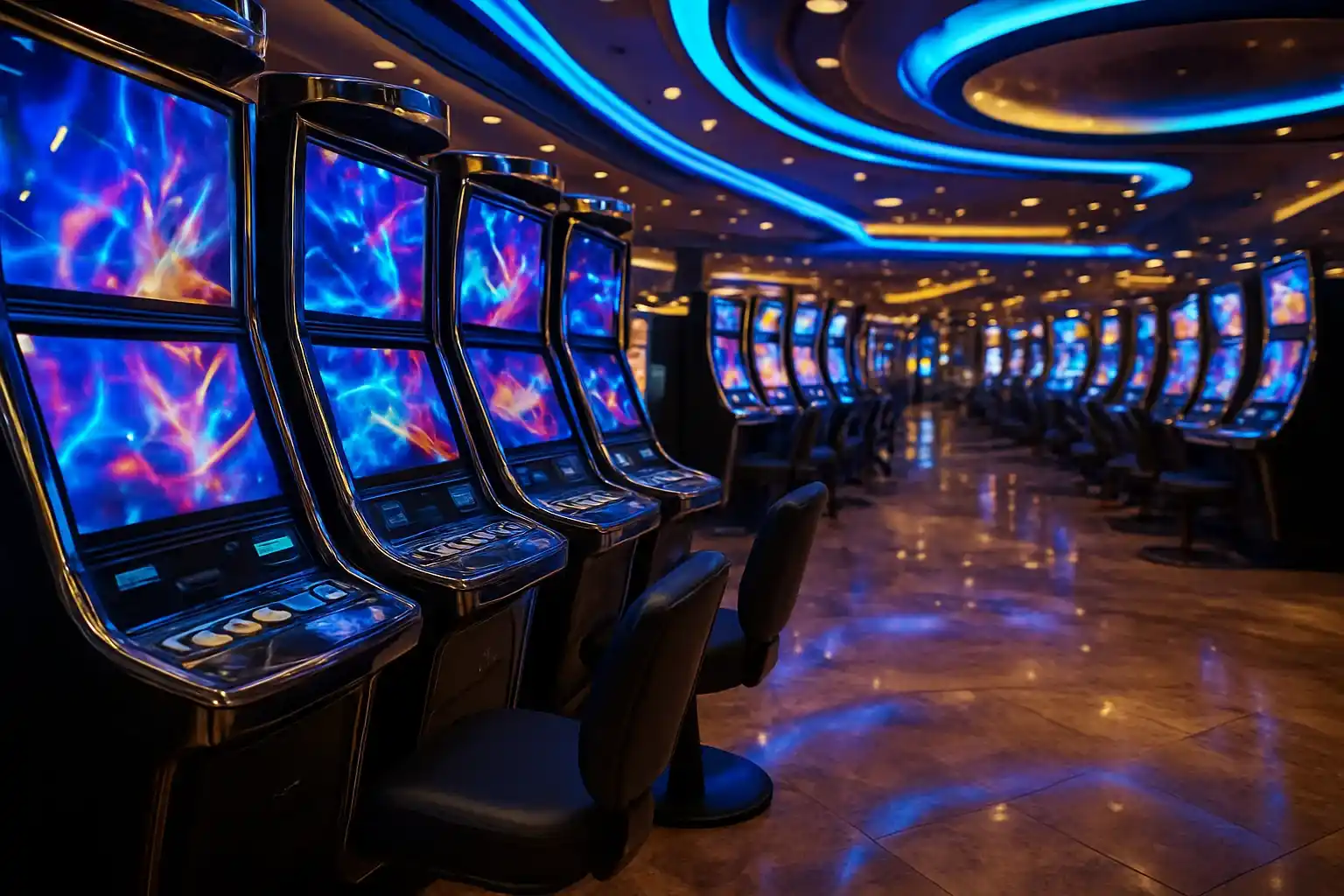 Hyperrealistic wide shot of Manila casino slots floor with blue gold lighting