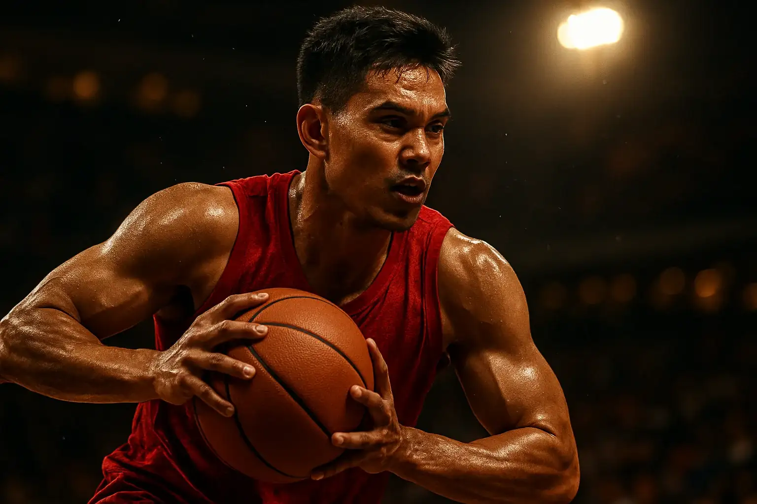 Filipino PBA player mid-air power drive, ball pressed to chest